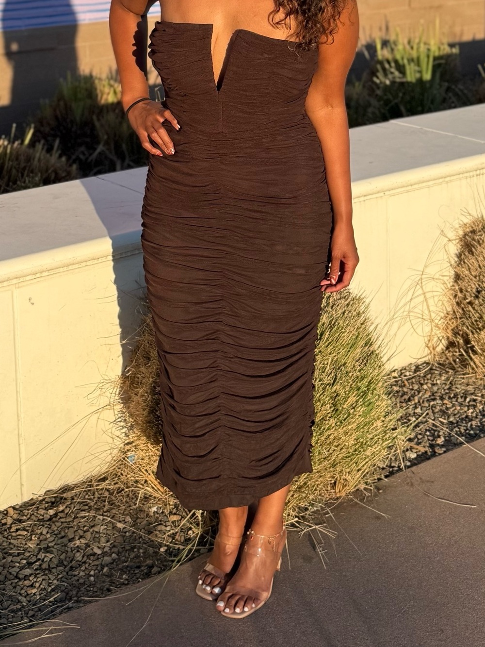 Dress the Population Ferra Strapless Cocktail Dress Ruched Midi Dress in Brown